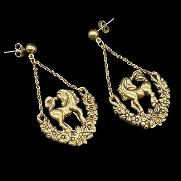 Gold Tone Pierced Earrings Dangling Unicorn Horse Floral Metal - Picture 1 of 4